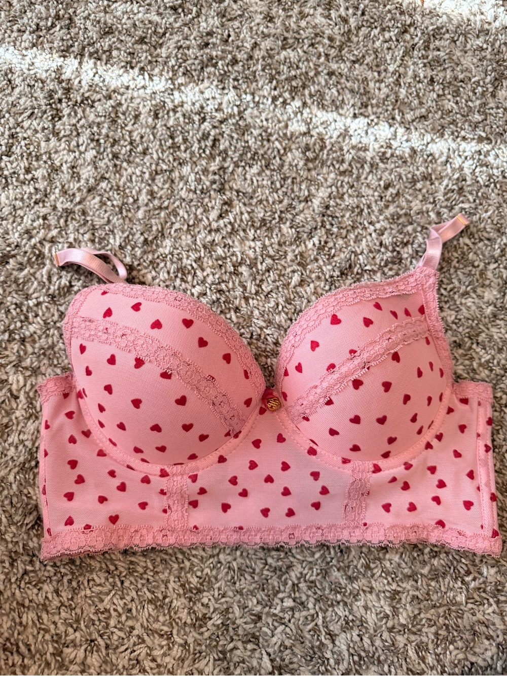 Daisy Fuentes Pink Longline Bra with Red Heart Print